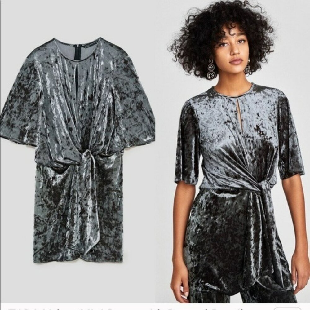 Zara Woman Gray Crushed Velvet Mini Dress With Knot Detail & Keyhole Neckline Si